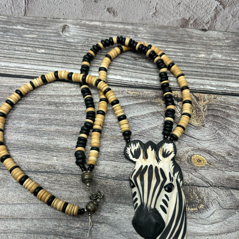 Carol Halmy Zebra Beaded Necklace Signed Porcelain Chunky 14” Long